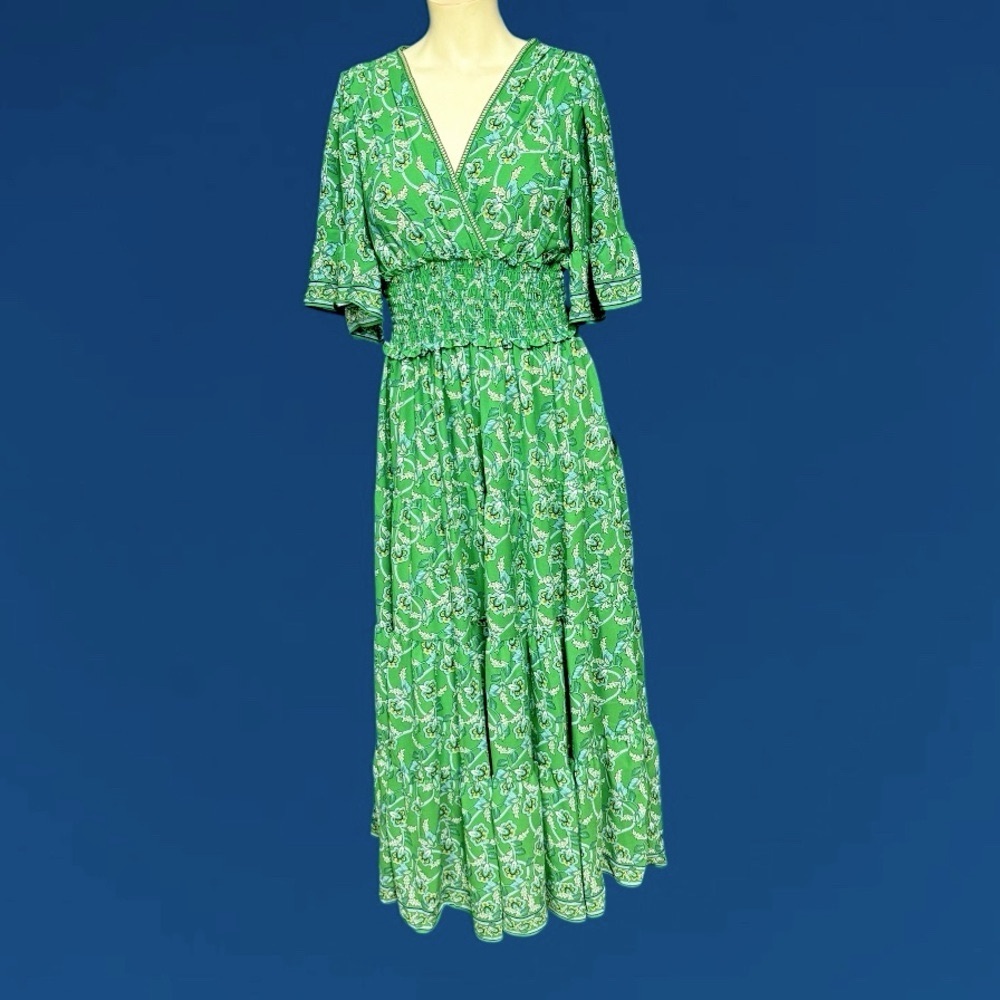 Max Studio Kelly green smocked waist flutter short sleeves maxi dress $178 new